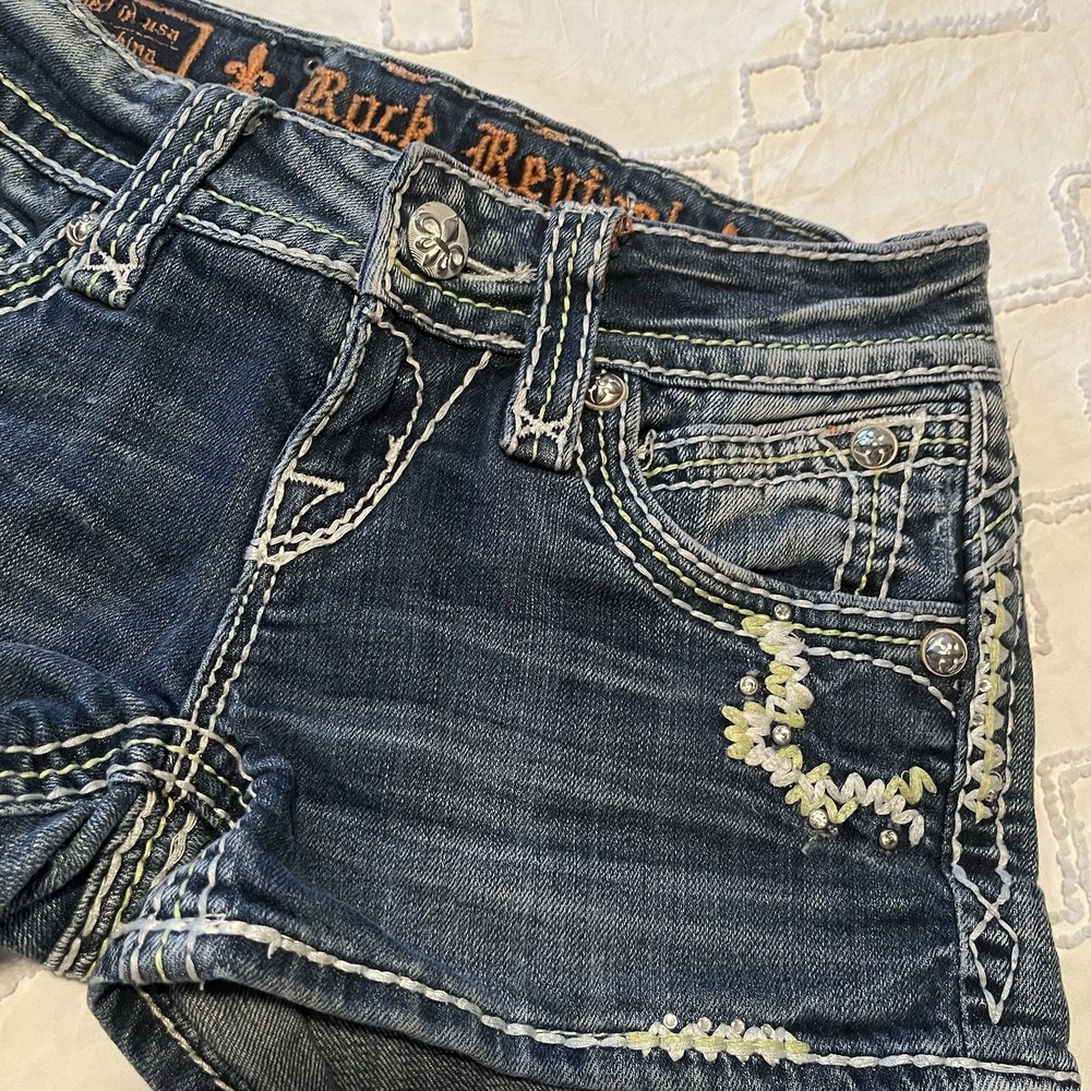 Y2K Rock Revival Micro Mini Denim Shorts Sz 24 Scarlett Embellished Thick Stitch - Picture 2 of 13